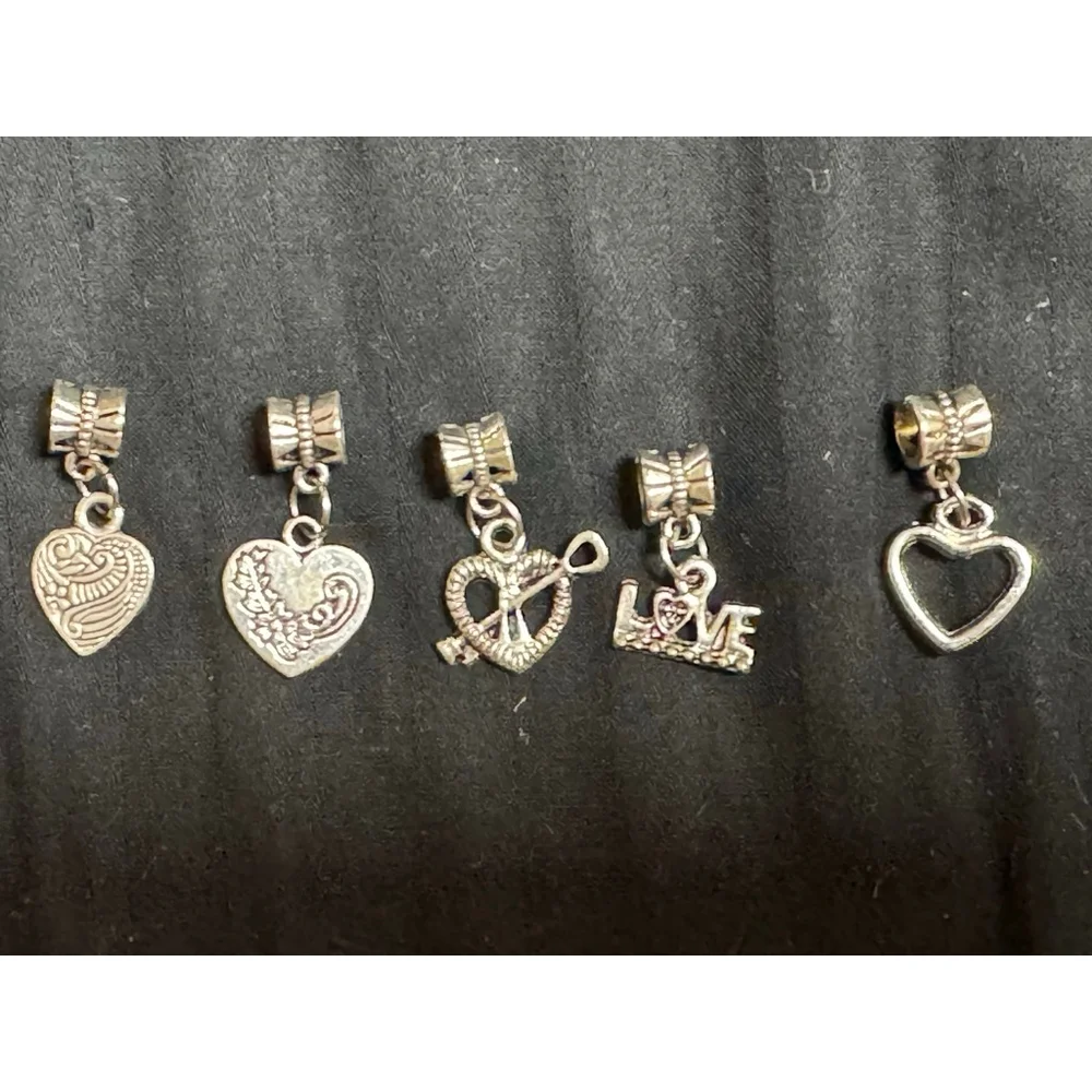 Set of 5 Silver Heart / Love themed Charms for Bracelet / Necklaces